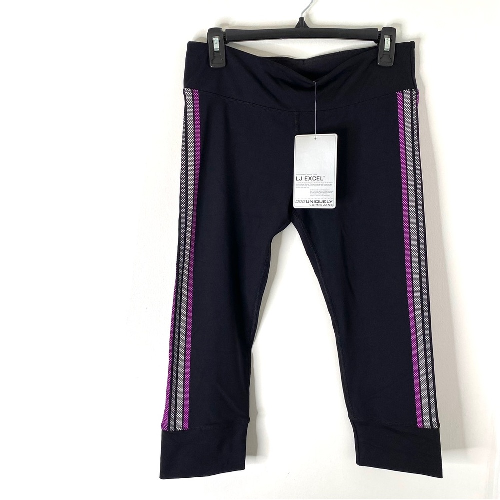 Lorna Jane Zuri 7/8 Tight Black Purple Mesh Stripe NWT Mid Rise Drawcord Pocket